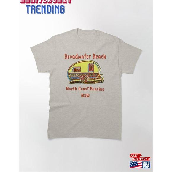 Broadwater Beach Nsw North Coast Beaches Caravan Motif Classic Tshirt - Picture 1 of 4